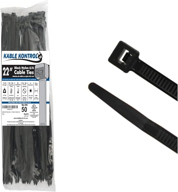 Kable Kontrol Heavy Duty Cable Zip Ties 50 Pcs 22 Inch Black, 250 Lbs Tensile Strength, Self-locking UV Resistant Plastic Nylon Wire Ties, for Indoor or Outdoor Use
