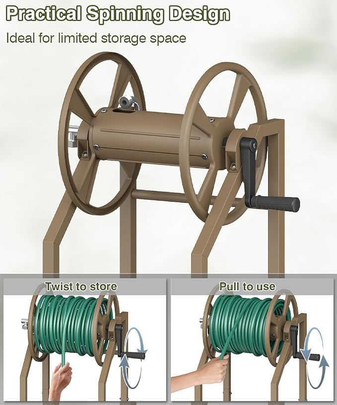 4-Spike Garden Hose Reel with 3.9ft Leader Hose & Stainless Fitting, Outdoor Hose Holder holds 125ft Hose of 5/8", Freestanding Metal Hose Stand for Outside Yard Lawn, Brown
