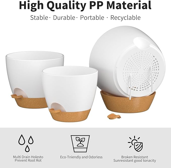 12/10/9/8/6 Inch Self Watering Pots for Indoor Outdoor Plants, Set of 5 Large Plastic Planters with Visual Water Window, Drainage Holes & Watering Lip, Modern Decorative Flower Pots (White)