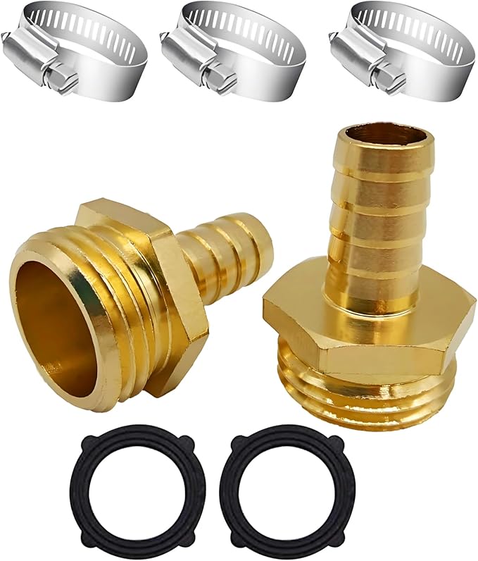 Brass Garden Hose Adapter Fitting, 3/8” Barb and 3/4” GHT Male Connector, Heavy-Duty High-Pressure Support, Rust and Corrosion Resistant (2PCS)