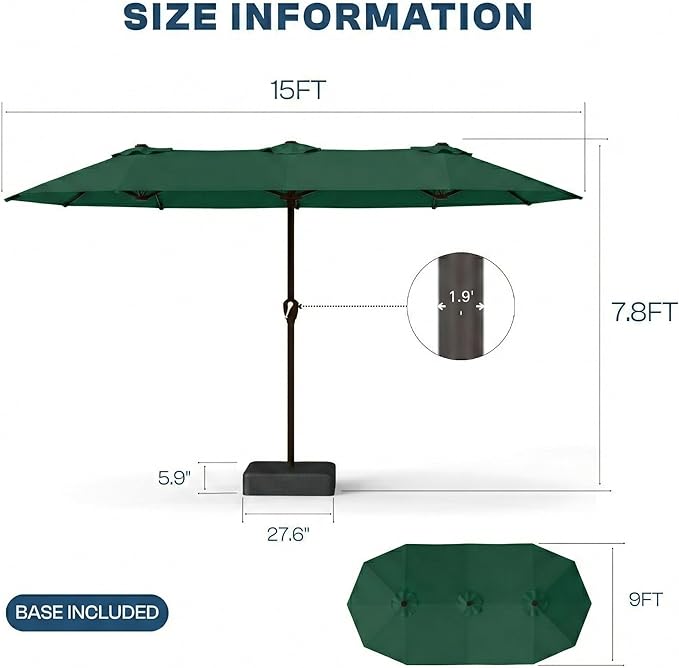 15FT Large Patio Umbrella with Base Included, Double Sided Outdoor Market Umbrella with Flexible Fiberglass Ribs, UV-Blocking Extra Large Umbrella for Garden, Pool, Deck, Forest Green