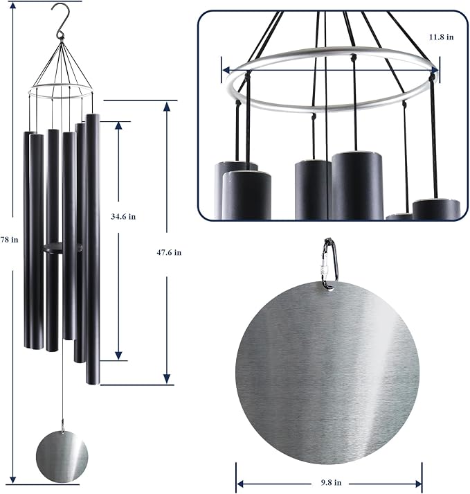 ASTARIN 78 Inch Wind Chimes for Outside with 6 Tubes Tuned Relaxing Melody, Extra Large Wind Chimes Outdoor Deep Tone for Patio, Backyard, Garden, and Outdoor Decor,Black