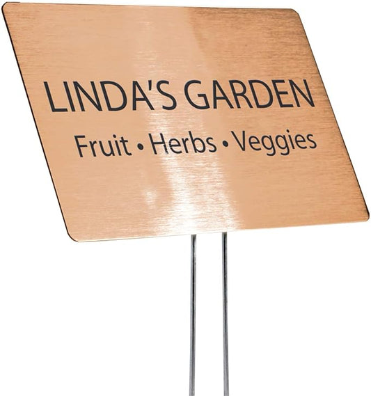 Outdoor Metal Garden Sign, Label, or Memorial. 4 x 2" or 6 x 4" sign with rounded corners and a 10" stake. Materials Include: Stainless Steel, Brass, Copper, Bronze and Titanium. (Bronze, 4 x 6")