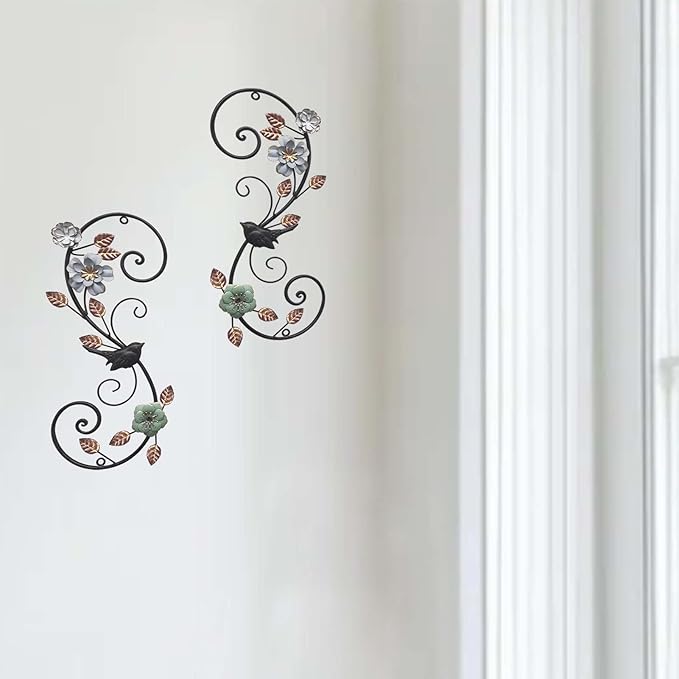 Birminwind 3D Metal Flower Wall Art: 2pcs Vintage Floral Wall Décor with Leaves Bird for Room - 15.16" Black and Gold Iron Decoration Indoor Outdoor