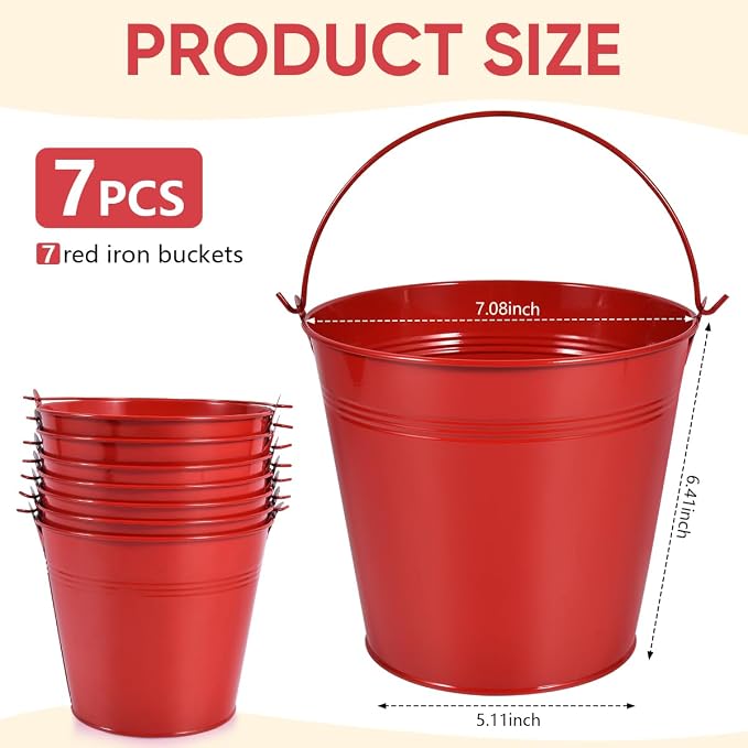 OBTANIM 7 Pack Red Metal Buckets with Handle Galvanized Ice Pails for Plants, Succulents, Party Favors Organizing, Rustic Home Decor or Classrooms Pencil Storage (7.1 x 5.2 inch)