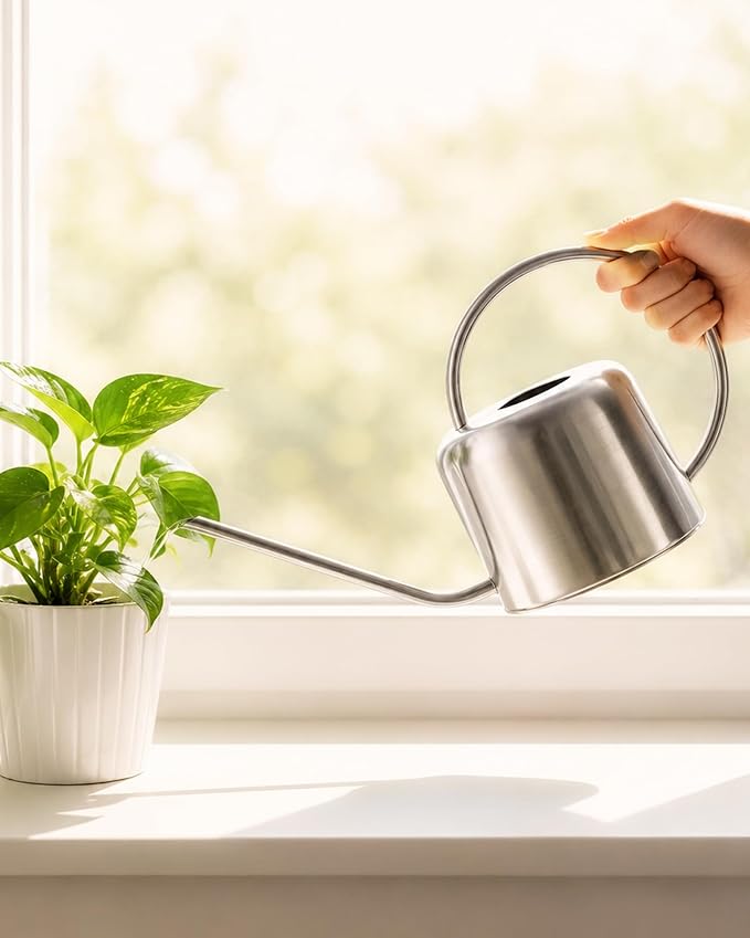 Bamworld Metal Watering Can for Indoor Outdoor Plant 1L/35oz Silver Stainless Steel Watering Can with Long Spout for House Potted Plants Succulents Bonsai Garden Flowers
