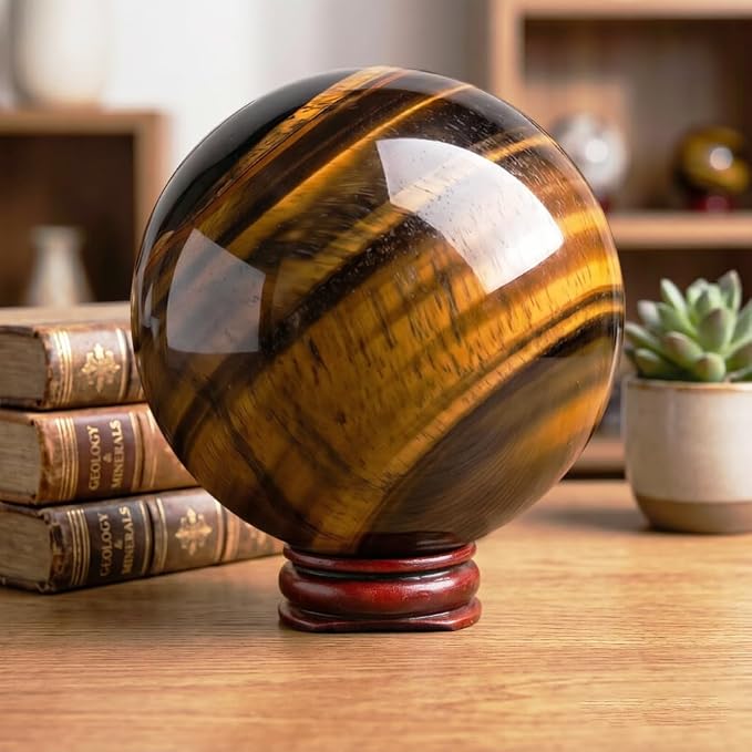 2.4-2.8 inch Natural Tiger's Eye Crystal Ball with Stand, Hand Polished Tiger Eye Stone Sphere, Healing Crystal Decorative Orb, Reiki Energy Stone Crafts, Feng Shui Home Ornament