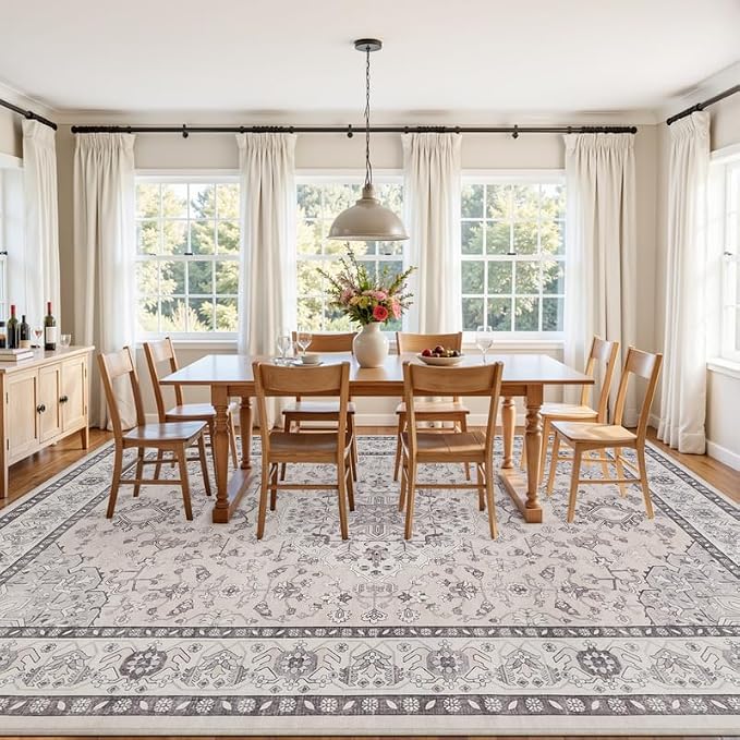 10x12 Area Rugs Living Room: Bedroom Washable Carpet Beige & Grey | Large Vintage Boho Indoor Decor Neutral Soft Nursery Farmhouse Dining Room Office Floor Non-Slip Low Pile Under Table Rug