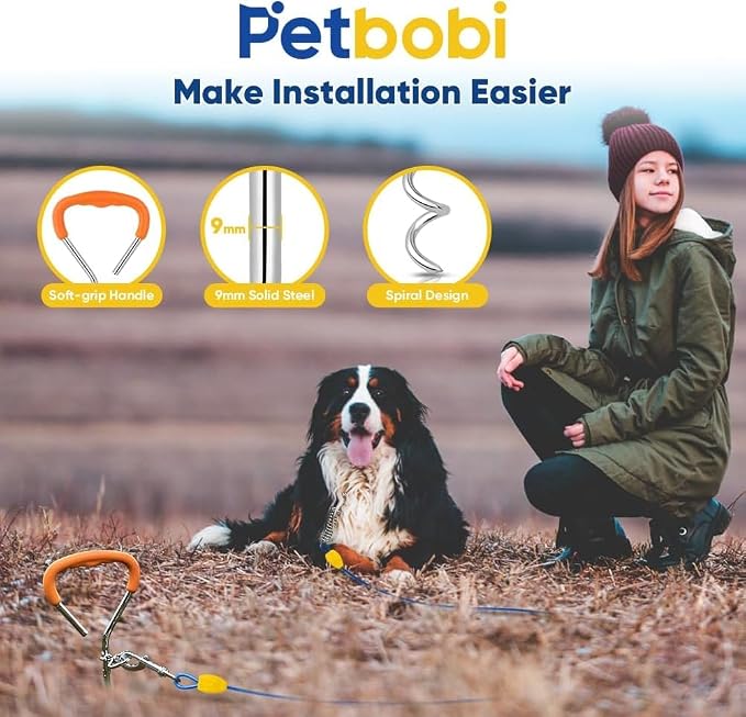 Petbobi Dog Tie-Out Cable and Stake - 40ft Heavy Duty Cable with Spring, No Tangle, 16in Ground Stake, Ideal for Yard, Camping and Beach, Suitable for Medium to Large Dogs Up to 120 lbs, Blue