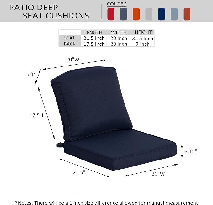 20"x21.5" Outdoor Deep Seat Patio Cushions Set of 2, Outdoor Chair Cushions Bottom Resilient Foam Filling Water-Resistant UV Resistant Weather Resistant with YKK Zippers,Midnight