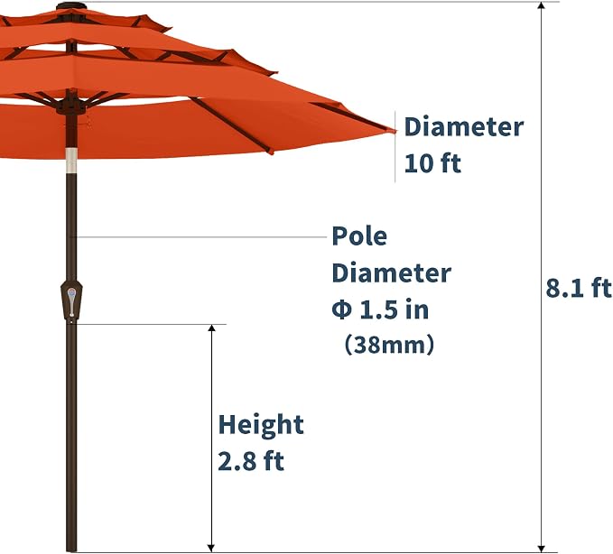 PatioKingdom 9ft 3-Tier Patio Market Umbrella with Crank/Tilt, Commercial Heavy Duty Wind Proof,Outdoor Table Umbrella with 8 Fiberglass Ribs,UPF50+ for Deck,Pool,Garden,Backyard (Orange)
