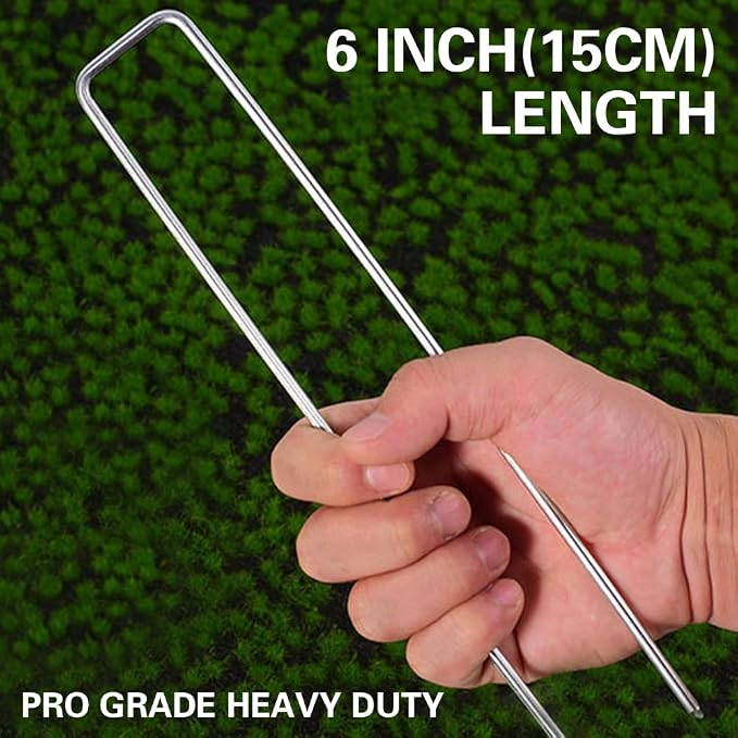Bakulyor 150Pcs Landscape Staples + 150Pcs Gasket, 6 Inch Garden Stakes Staples 11 Gauge U Shaped Galvanized Lawn Landscape Pins, Heavy Duty Yard Ground Pin for Weed Barrier Sod Fabric Decorations