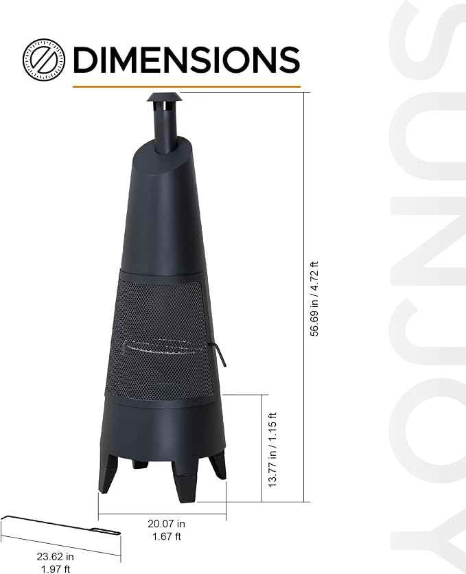 SUNJOY 2-in-1 Chiminea Fire Pit & Grill, 57" Tall Outdoor Fireplace with Removable Stainless Steel Grill Grate, Spark Screen & PVC Cover for Patio, Backyard, Cooking - Black