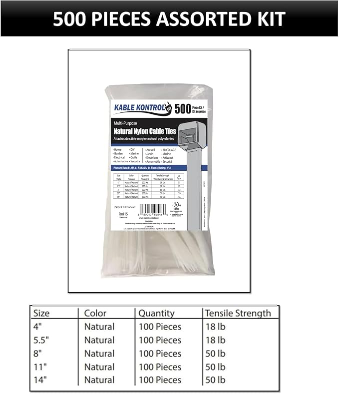 Kable Kontrol Zip Ties Assorted Sizes 500 Pcs Variety Pack Kit, 4+5.5+8+11+14 Inch Bulk Zipties Multi Pack Cable Tie Wraps, Nylon Wire Ties, for Indoor Outdoor Cable Management Use, Natural White