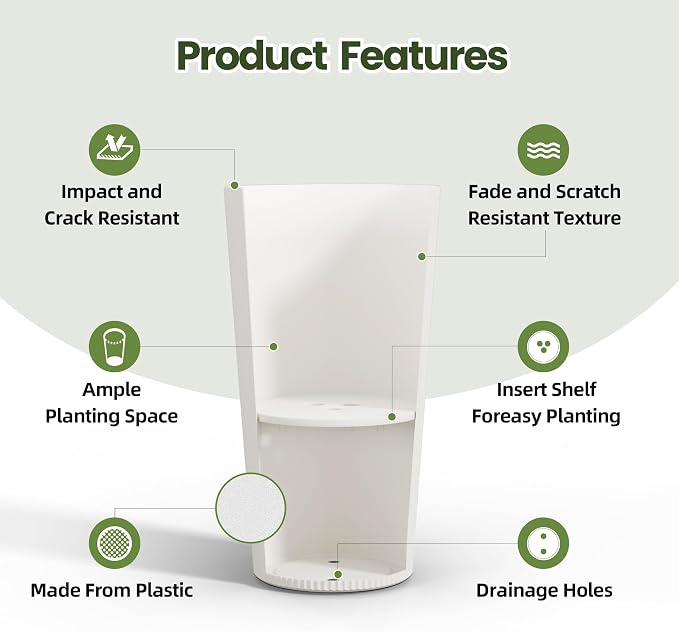 23.6" H Tall Planters for Outdoor Plants Set of 2 - Fluted Large Outdoor Planters for Front Porch Decor with Drainage Hole, Plastic Round Flower Pots Fits Indoor Plants Patio/Garden, White