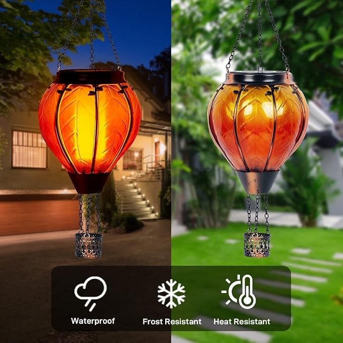 Starsoul 2 Pack Orange Solar Hot Air Balloon Lantern, Glass Hot Air Balloon Solar Lantern Outdoor Waterproof, Solar Hanging Lights with Flickering Flame Decor for Garden Yard Patio