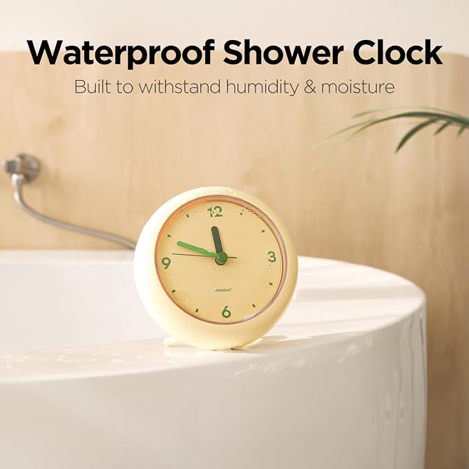 mooas Marshmallow Shower Bathroom Clock, Waterproof Shower Clock, Silent Non-Ticking Battery Operated with Stand, Hook, Suction, Bathroom Kitchen Shower Booth (Cream Yellow)