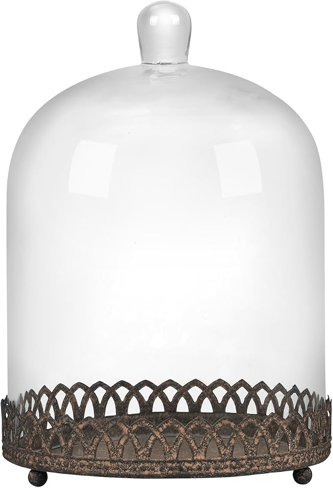 Twakutwku 12" Tall Large Sturdy Handmade Glass Cloche Dome with Metal Base in Rustic Brown for Plant, Terrarium, Collectibles, Candle. Cloche Glass Dome, Bell Jar Display Case (Brown, 12")