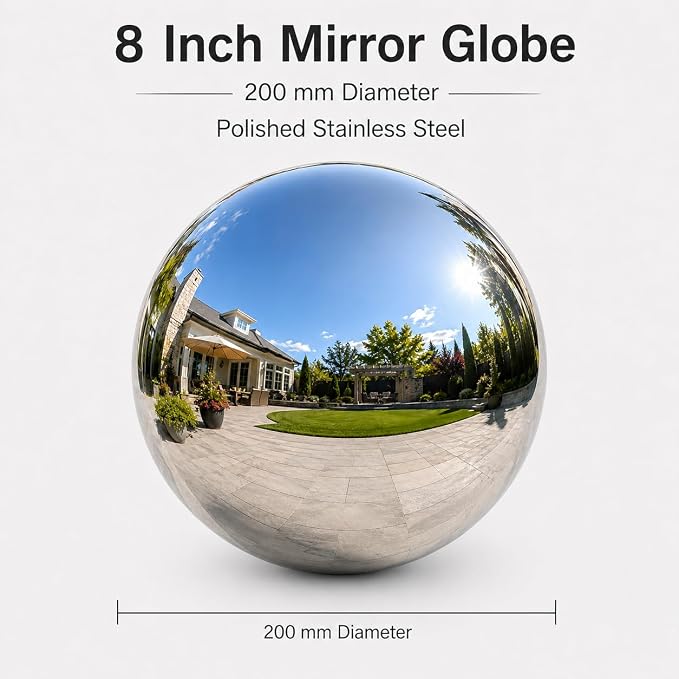 Gazing Ball Garden Mirror Outdoor - 8 Inch Outside Decorative Globe, Silver | Metal Polished Reflective Sphere, Stainless Steel Hollow Decoration Ornament for Home Pond Swimming Pool Housewarming Gift