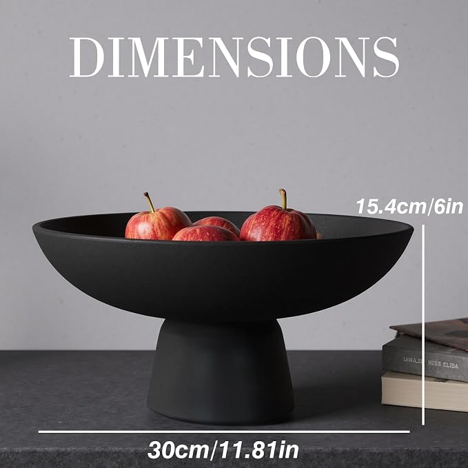 Large Black Decorative Bowl with Pedestal – 11.8" Modern Matte Resin Fruit Bowl for Kitchen Counter, Dining Table Centerpiece, Coffee Table or Entryway Home Décor