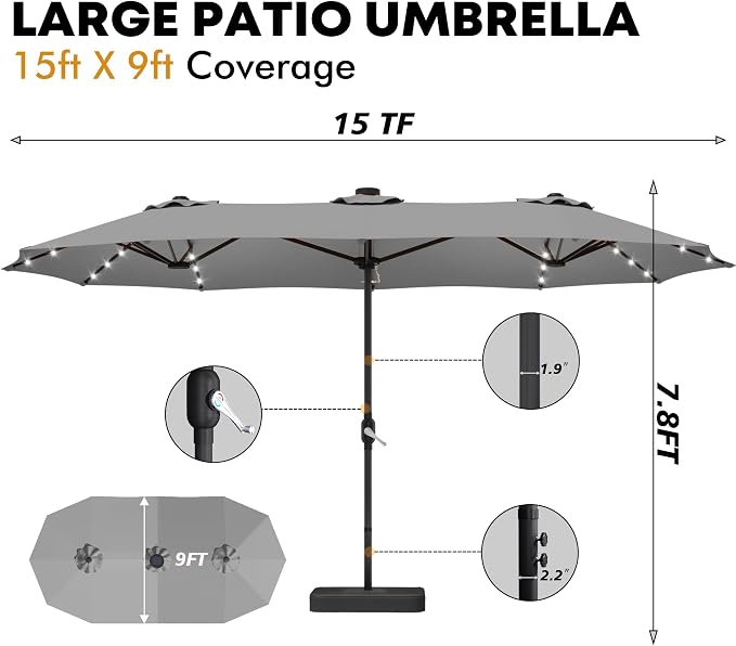 DomeShade 15ft Double-Sided Rectangle Patio Umbrella with 36 LED Solar Lights&base,UV50+ Weather-Resistant Outdoor Umbrella,Crank Lift,Patio Shade for Pool, Garden, Backyard–Gray