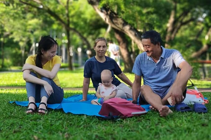 Orga'Neat Pocket Picnic Blanket, Beach Mat Waterproof Sandproof, Compact Lightweight Small Tarp for Camping, Hiking, Backpacking, Festival, Travel, Foldable in Bags (Blue/Grey, 55"x60")
