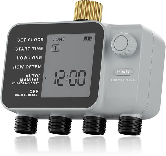 [All-New 2027] 4 Zone Sprinkler Timer with Brass Inlet, Unistyle 4 Outlet Programmable Water Timer for Garden Hose with Rain Delay, Manual Watering Automatic Irrigation Hose Timers for Yard Lawn Patio