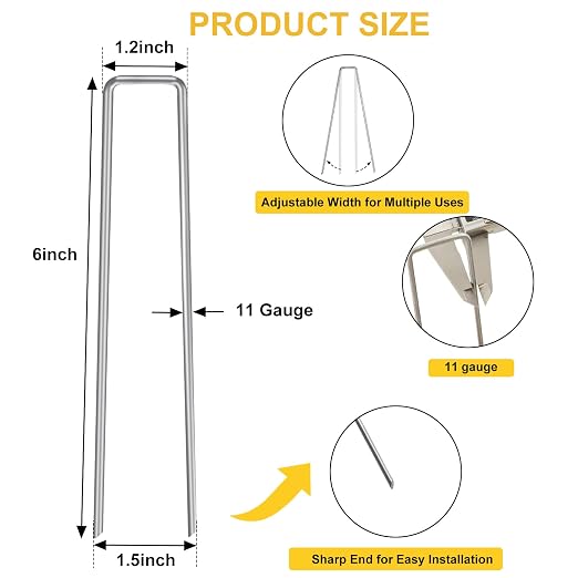 HongWay 60 Pack 6 Inch Landscape Staples, Galvanized Garden Stakes 11 Gauge Plant Cover Stakes U-Shaped Tent Stakes Landscaping Pins Yard Ground Staples for Lawn, Turf, Fence, Irrigation Hose