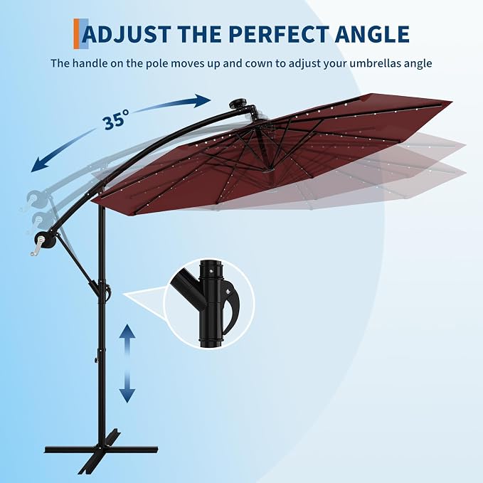 Garvee 10FT Solar Lights Offset Patio Umbrella with Cross Base, Cantilever Umbrella with Easy Lift & Tilt Adjustment, 8 Ribs Sun umbrella UV Protection for Backyard, Pool, Garden, Burgundy
