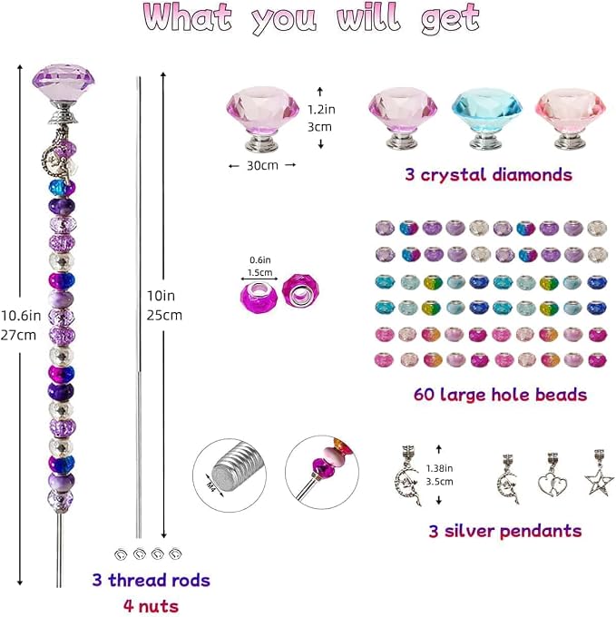 72Pcs DIY Fairy Wand Beaded Garden Stakes Kit Fairy Wands Kit for Different Festivals Fairy Garden Accessories Outdoor Fairy Garden Stakes Decorative, Diamond-(Purple+Lake Blue+Pink)
