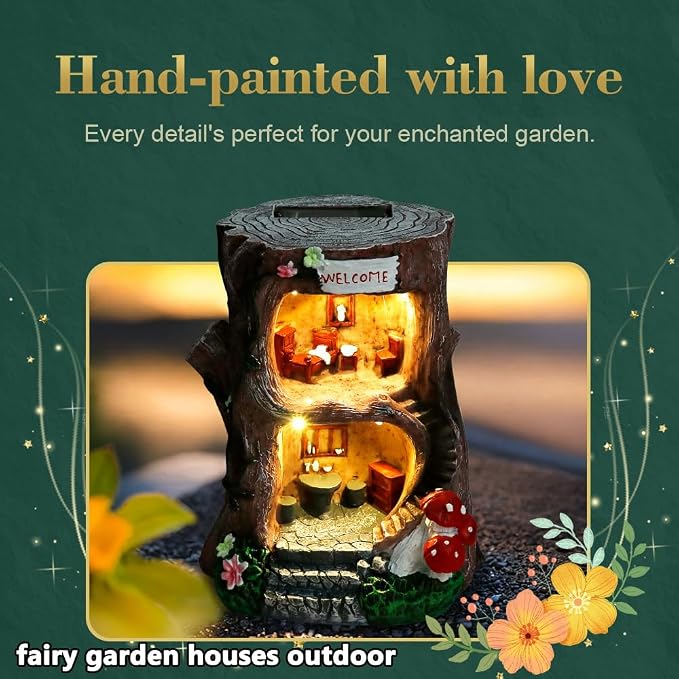 Solar Light Gnome Fairy Garden House for Outside, Big Size Fairy Miniature Buildings Accessories House Sculptures for Outdoor Garden Patio Lawn Path Decorations, 8" Tall