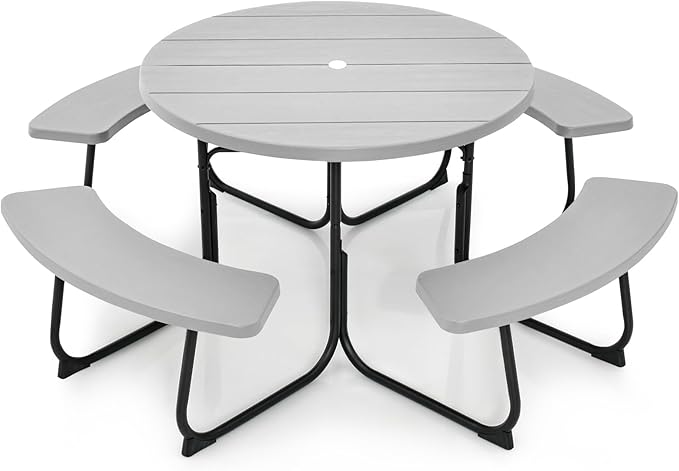 Round Picnic Table for Outdoors, 8 Person Outdoor Picnic Tables & Benches Set with Umbrella Hole, HDPE Tabletop & Metal Frame, 2000 LBS Capacity Table Bench Set for BBQ, Garden, Lawn, Patio