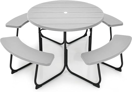Round Picnic Table for Outdoors, 8 Person Outdoor Picnic Tables & Benches Set with Umbrella Hole, HDPE Tabletop & Metal Frame, 2000 LBS Capacity Table Bench Set for BBQ, Garden, Lawn, Patio