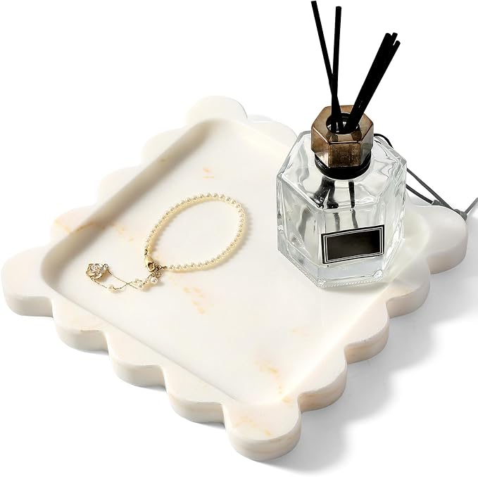 karibiber Calacatta Marble Tray, 8in Golden Small Scalloped Tray, Decorative Trinket Dish, Premium Square Bathroom Vanity Tray for Earrings Rings Necklaces, Unique Stone Jewelry Dish Gift