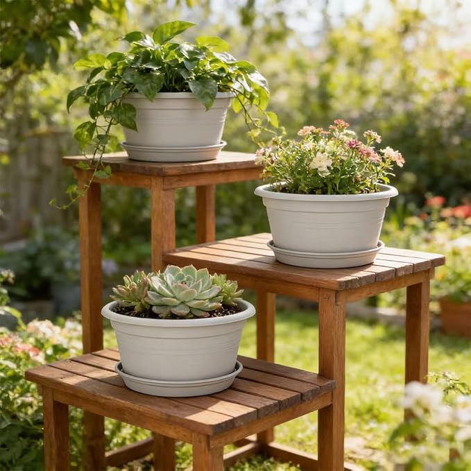 MRPAPA Round Plastic Pots for Plants, Outdoor Planters with Drainage Hole & Tray Saucer, Decoration Large Flower Pots for Indoor Outdoor Garden Home Plants (4, Gray White, 13 Inch)