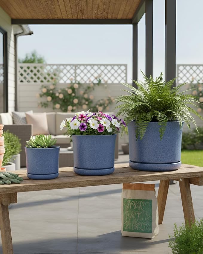 Ceramic Plant Pots Set of 3, 4.3"/5.6"/6.9" Indoor Plant Pots with Drainage Hole and Attached Saucer, Modern Ceramic Planters for Indoor Plants, Succulents, Herbs, Matte Blue Flower Pots