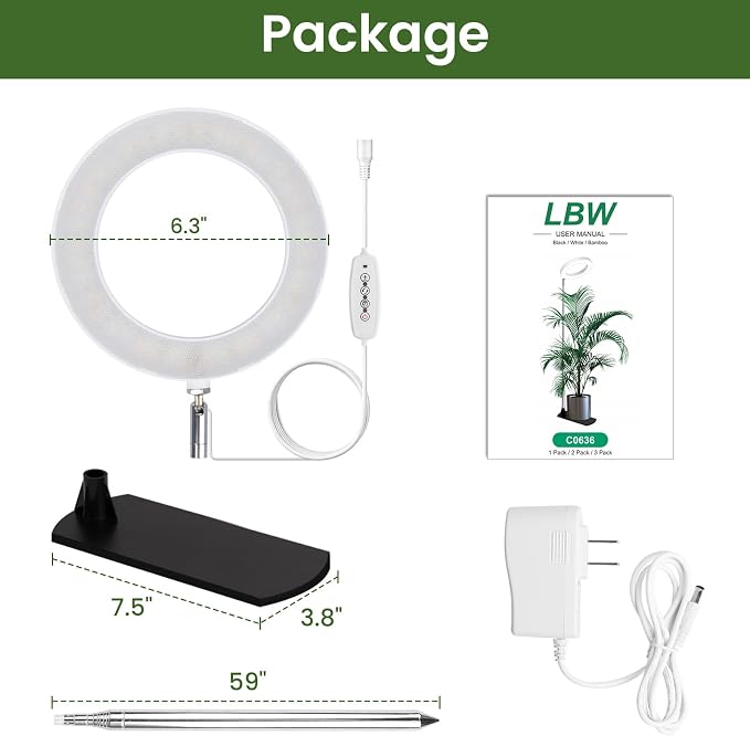 LBW Grow Lights for Indoor Plants, 6.3" Full Spectrum Plant Light with Base, 59" Height Adjustable Grow Lamp, 6/8/12/16H Auto Timer, 3 Color, 5 Dimmable Level, for Tall Large Plants, White, 2 Pack