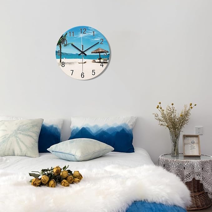 XFM Beach Wall Clock Battery Operated 14 Inch Blue Tropical Hawaii Coastal Wall Clocks for Living Room Bedroom Home Office Decor Silent Non-Ticking