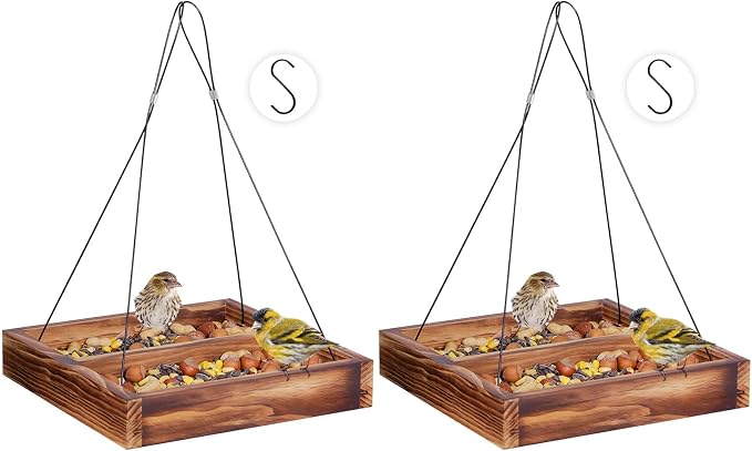 MIXXIDEA Bird Feeder Hanging Tray, Wooden Platform Hummingbird Feeder Mesh Seed Platform for Garden Yard Outside Decoration Attracting Wild Birds (Brown)