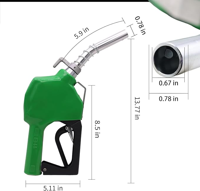 3/4" Inch NPT Auto Fuel Nozzle Automatic Shut Off Pressure Sensitive W/360° Hose Swivel Gas Fuel Transfer Pump Nozzle,13/16" Spout,Copper Valve, 16 gpm Flow Rate for Diesel,asoline,Green+Hook