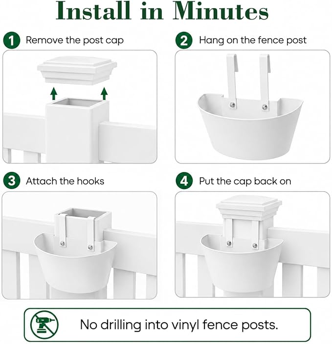 1 Pack White Metal Fence Post Planter for 4x4 & 5x5 PVC Vinyl Fence, No-Drill Hanging Flower Pots for Outdoor Plants, Flush Fit Planters with Drainage for Garden Yard Outdoor Decor