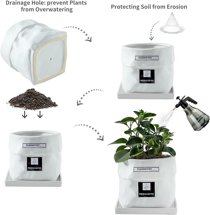 Nihow Ceramic Plant Pot: 8 Inch Planter with Drainage Hole & Square Saucer for Herbs/Plants, Bag Shape Design Flower Pot for Indoor & Outdoor Garden Decor - White | Bag Shape Design,Indoor & Outdoor,Living room/Office/Bedroom/Windowsill/Tabletop,Plant ...