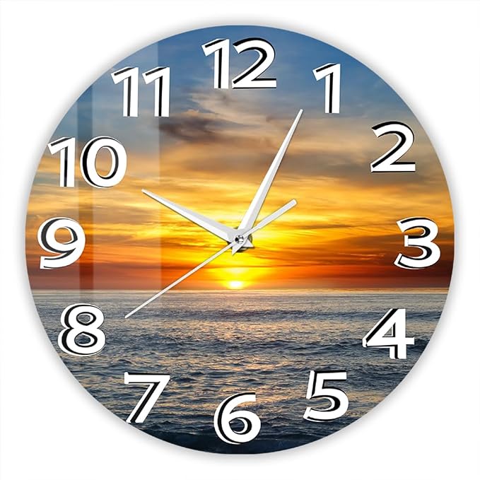 12 Inch Sunset Ocean Wall Clock, Beautiful Landscape Wall Art Clock Large Numbers Easy-to-Read Modern Decorative Silent Non Ticking Wall Watch Clock Battery Operated for Bedroom Living Room