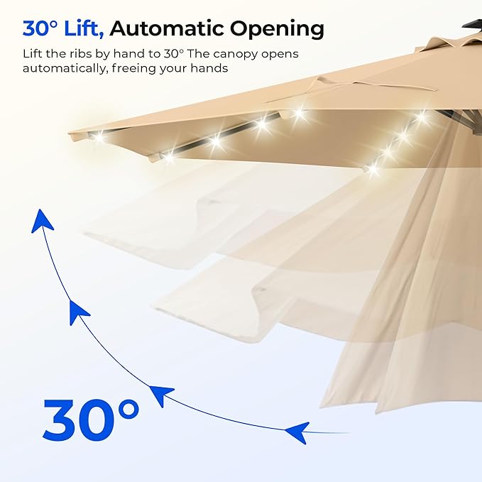 HOMSHADE 9FT Motorized Patio Umbrella with Remote Control & Solar Lights, Outdoor Table Umbrella with One-Button Switch for Deck, Backyard, Pool(Buff)