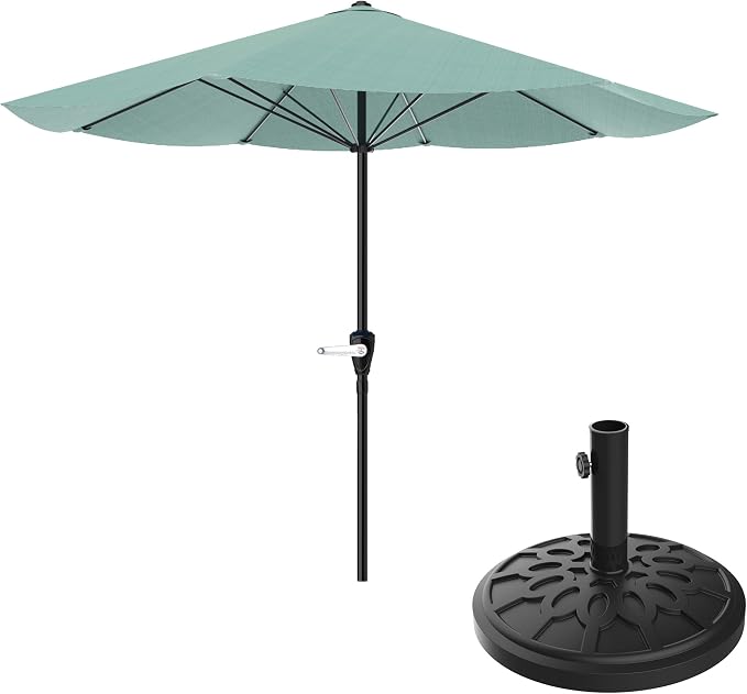 Pure Garden Patio Umbrella with Stand 9 Ft Easy Crank Sun Shade with 19lb Weighted Base for Deck, Yard, Outdoor Furniture, or Pool (Dusty Green)