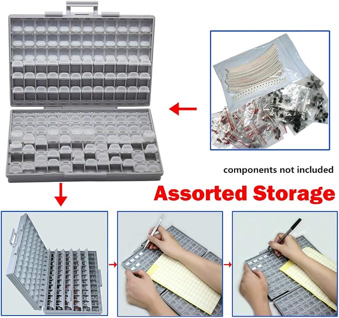 AideTek Box-all Enclosure for Surface Mount Components 1206 0805 0603 0402 0201 Size+ 198 White Labels 144 Compartments with Lid Hold up to 300pcs 1206 Resistor Capacitor