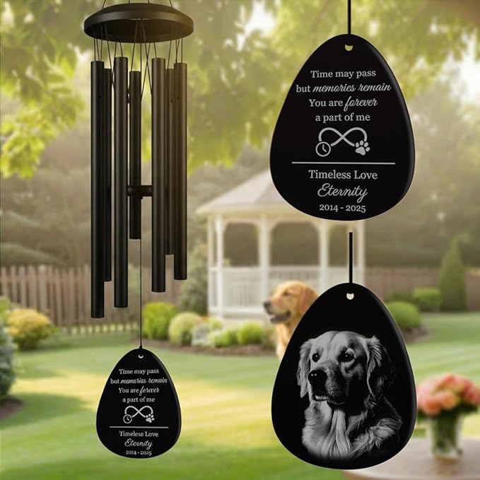 Personalized Sympathy Gift for Loss of Dog, Cat– Custom Pet Memorial Wind Chimes - Laser Engraved with Your Pet's Photo & Name – in Loving Memory, Outdoor Garden Decor