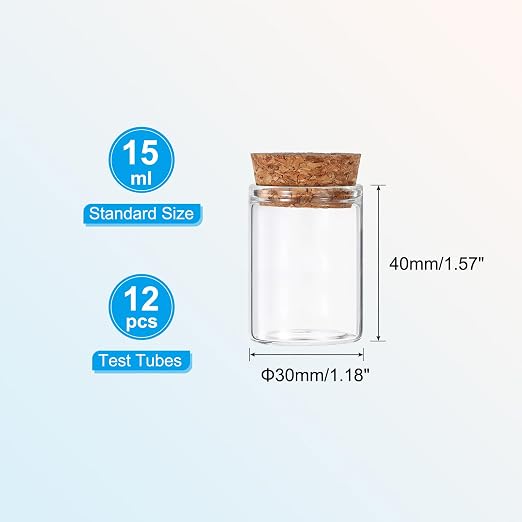 PATIKIL 15ml Test Tubes, 12pcs 1.57x1.18 Glass Clear Flat Bottom Test Tube Containers with Cork Stopper for Bead Party Candy Bath Salt Storage Scientific Experiment Plant Propagation
