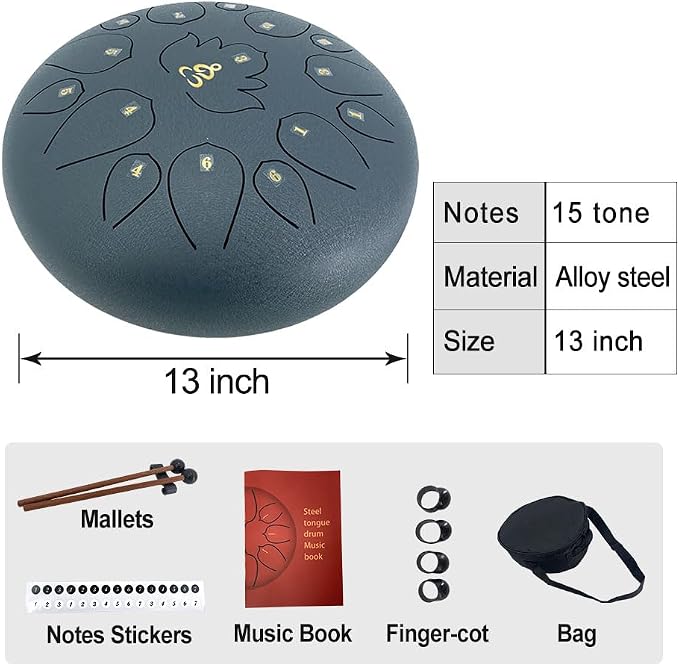 Rain Drum for Outside Garden,13 Inches 15 Notes Steel Tongue Drum with Mallets & Carry Bag Musical Instrument for Adults D Major