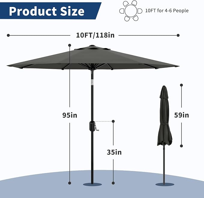 Garvee 10FT Patio Umbrella - Outdoor Table Umbrella with Smooth Crank Lift, Push Button Tilt and 8 Sturdy Ribs - Market Umbrella UV Protection Waterproof for Pool, Deck, Yard, Garden